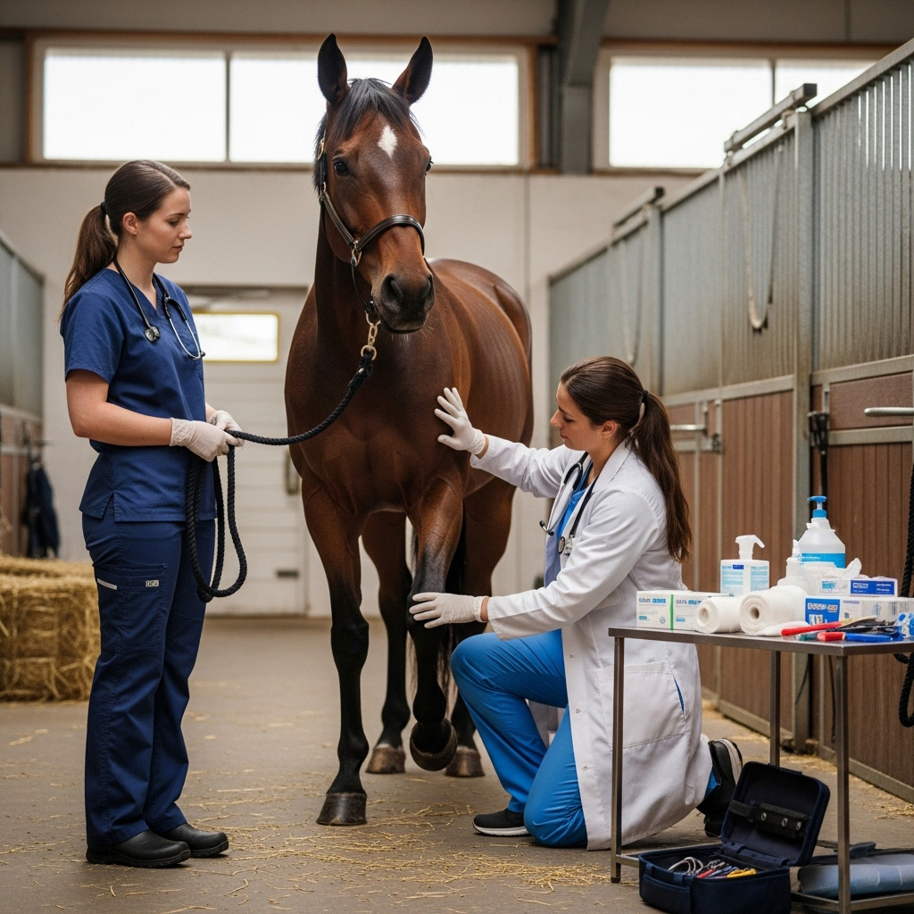 Sunny Coast veterinarian tending to a horse in a barn
